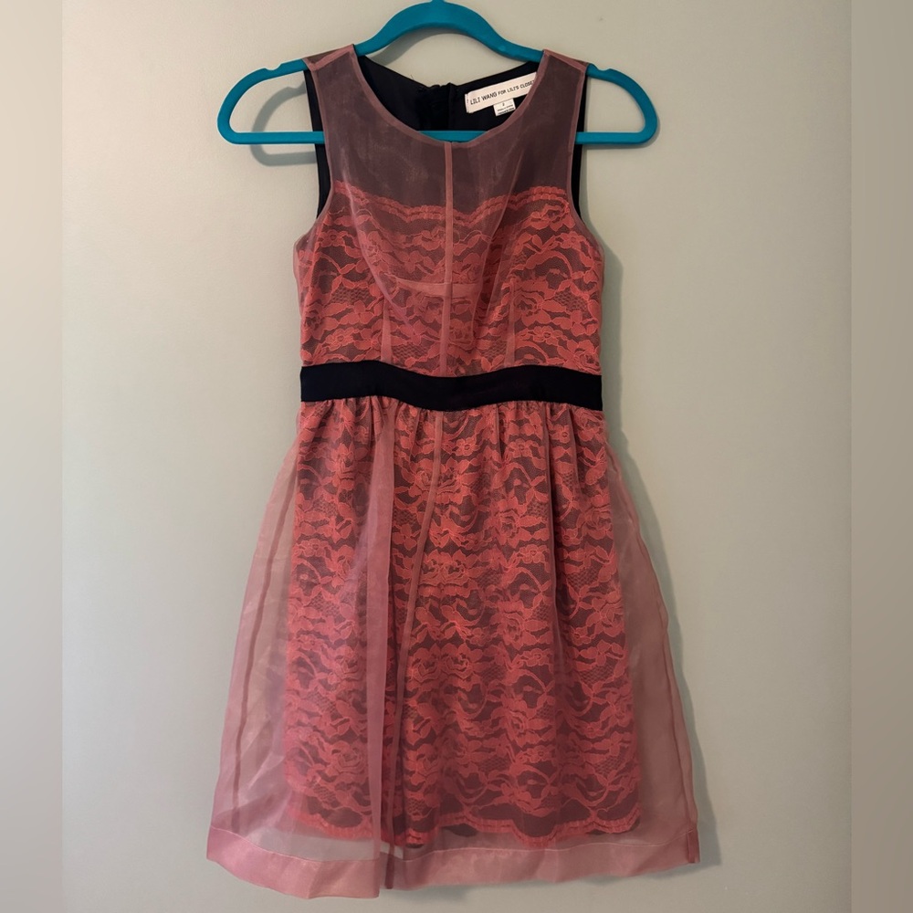 Summer and evening. Anthropologie. Pink and orange lace with organza overlay.